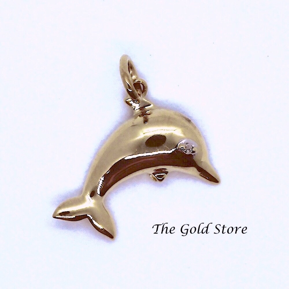 Solid 10k Yellow Gold Dolphin Pendant with diamond